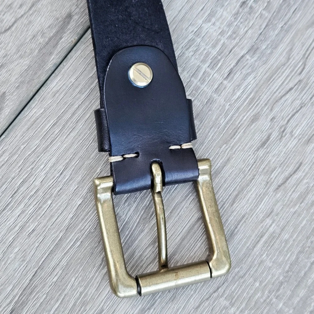 Handmade Black Italian Leather Belt XL Antique Brass Buckle Cross Stitch Rugged
